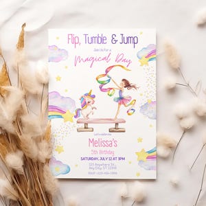 May include: A colorful invitation for a 5th birthday party with a unicorn and a girl doing gymnastics. The invitation says "Flip, Tumble & Jump Join Us For a Magical Day Melissa's 5th Birthday Saturday, July 12 at 3PM 123 Anywhere St. Any City, ST 12345 RSVP +123-456-7890"