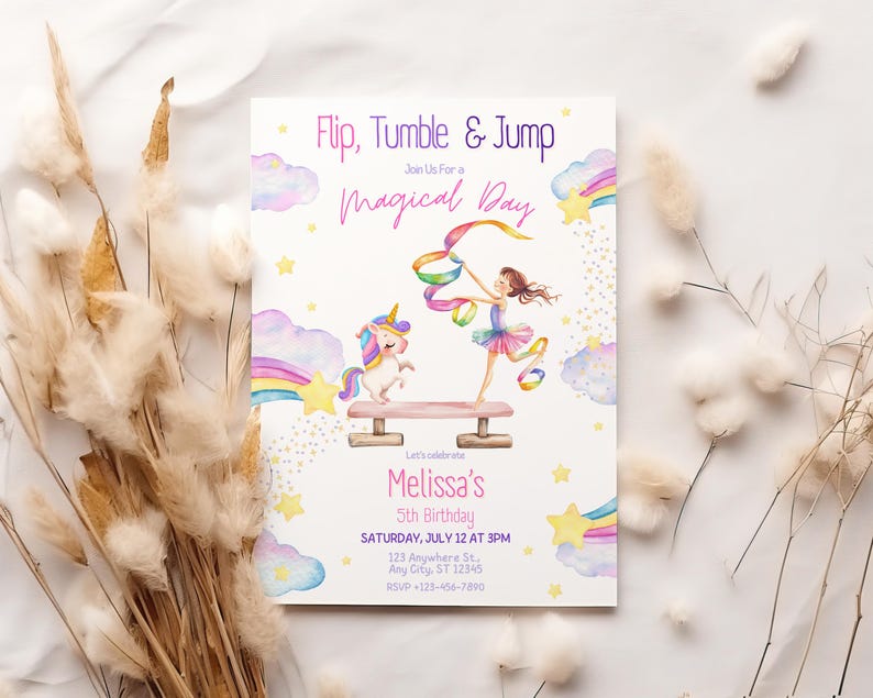May include: A colorful invitation for a 5th birthday party with a unicorn and a girl doing gymnastics. The invitation says "Flip, Tumble & Jump Join Us For a Magical Day Melissa's 5th Birthday Saturday, July 12 at 3PM 123 Anywhere St. Any City, ST 12345 RSVP +123-456-7890"