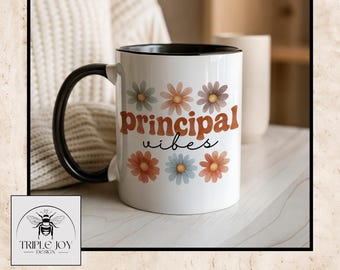 Prinzipal Vibes Blumenkaffeetasse Geschenk für Erzieher Wertschätzung, Blumen-Gänseblümchen-Verwalter-Teetasse, 11 und 15 Unzen, Weihnachten und Geburtstag