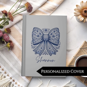 Chinoiserie Bow Personalized Journal, Vintage Hardcover Matte Notebook, Dark Floral Custom Name Stationary, Elegant Diary or Planner