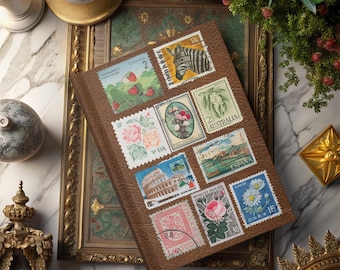 Zainspirowany stylem vintage notes podróżny z personalizacją, sztuczną skórą i zagranicznymi znaczkami, spersonalizowany dziennik znaczków, wyjątkowy papier firmowy Wanderlust