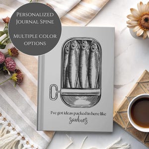 Sardine Can Art Hardcover Personalized Journal, Customized Fish Artwork Stationary Notebook, Whimsical funny quirky animal journal