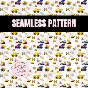 Boys Construction Seamless Pattern PNG, Dump Truck, Crane, Hard Hat & Tools | Construction Birthday | Toddler Fabric Print, Yellow Blue Tile