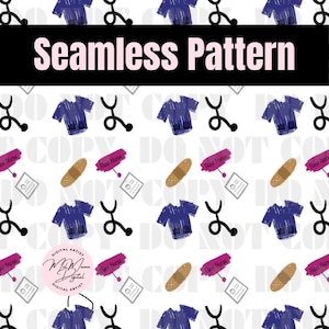 Nurse Life Seamless Pattern – Hand Drawn Stethoscope, Scrubs PNG – Occupational Digital Paper for Healthcare Crafts, Sublimation, Stickers