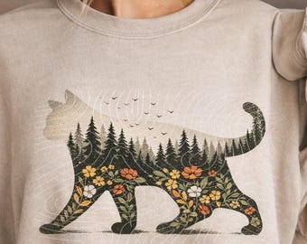 Comfort Colors Boho Cat Plants PNG, Nature Trees Wild Flowers Gift, Women Cat Lovers Graphic (Digital Download)