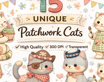 15 Patchwork Quilt CAT PNG Bundle, Farmhouse Clipart, Cute & Funny Kitty  (Digital Download)