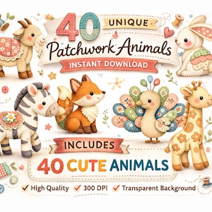 40 Patchwork Quilt Tiere PNG Bundle, Bauernhaus Clipart, niedlich & lustig (digitaler Download)