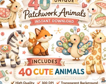 40 Patchwork Quilt Animal PNG Bundle, Farmhouse Clipart, Cute & Funny  (Digital Download)