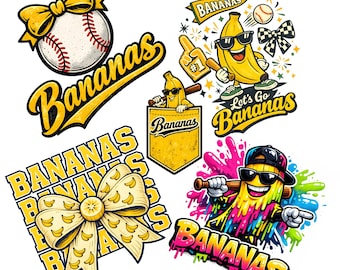 Bananas Baseball PNG Bundle 5 PNGs, Lets Go Bananas PNG, Retro Yellow Banana Mascot, Savannah Baseball Design