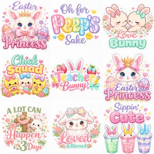 Może przedstawiać: Kolekcja kolorowych grafik o tematyce wielkanocnej. Projekty obejmują króliki, pisklęta, jajka i teksty takie jak "Easter Princess", "Oh for Peeps Sake" i "Chick Squad". Ilustracje charakteryzują się pastelowymi kolorami i elementami dekoracyjnymi.