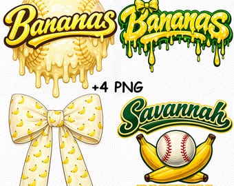 Bananas Baseball +4 PNG, Lets Go Bananas PNG Bundle, Retro Yellow Banana Mascot, Savannah Baseball Design