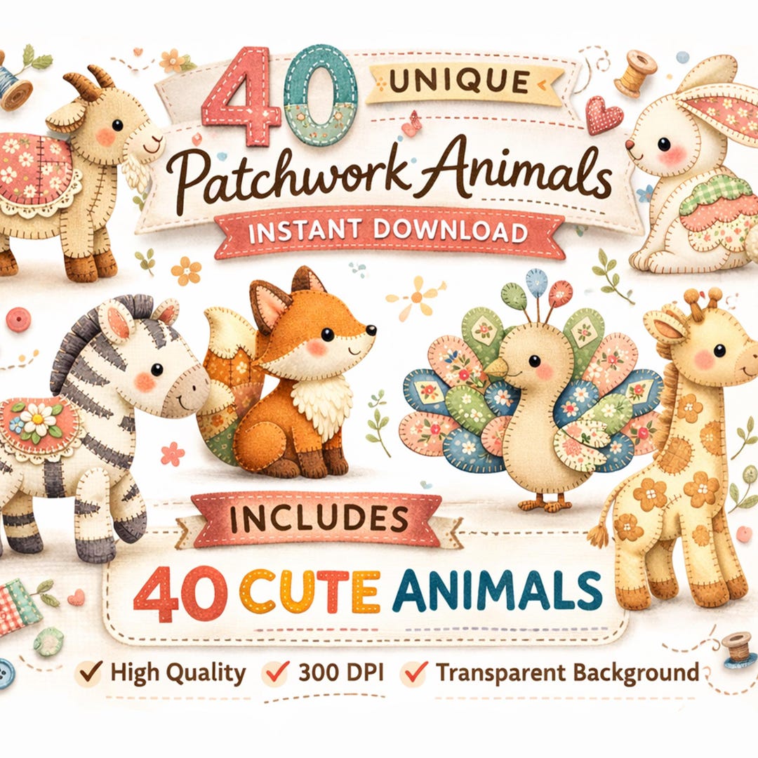 Patchwork Animal Patterns 40 Patchwork Quilt Animal PNG Bundle, Farmhouse Clipart, Cute & Funny ...