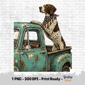 Patriotic Pointer Dog PNG Vintage Truck Graphic American Flag Bandana USA Hunting Dog Lover Art (Digital Download)