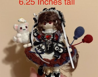 Micro Crochet Gothic Doll – Miniature Fantasy Amigurumi Collectible Fiber Art – 6.25 Inch Tall