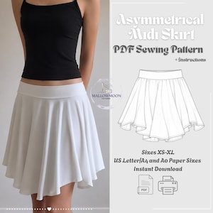 May include: A white asymmetrical midi skirt with a flared silhouette, paired with a black tank top. The image includes text reading Asymmetrical Midi Skirt PDF Sewing Pattern + Instructions, Sizes XS-XL, US Letter/A4 and A0 Paper Sizes.