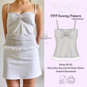 May include: A light grey tank top with thin straps, a gathered centre bust detail, and a white ruffled hem. The image includes text: Ruffle Bow Tank Top, PDF Sewing Pattern + Instructions, Sizes XS-XL, US Letter, A4, and A0 Paper Sizes, Instant Download.