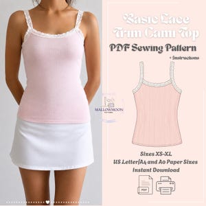 Może przedstawiać: Jasnoróżowy top na ramiączkach z białą koronką przy ramiączkach i dekolcie. Obraz zawiera tekst: Basic Lace Trim Cami Top PDF Sewing Pattern + Instructions, Sizes XS-XL, US Letter/A4 and A0 Paper Sizes, Instant Download.