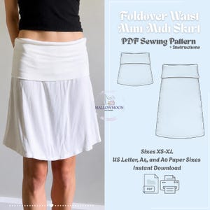 Może przedstawiać: Wykrój krawiecki PDF na spódnicę mini midi z wywijanym pasem wraz z instrukcją. Tekst zawiera Foldover Waist Mini Midi Skirt, PDF Sewing Pattern + Instructions, Sizes XS-XL, US Letter, A4, and A0 Paper Sizes, Instant Download.
