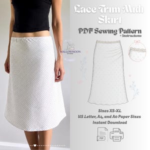 Jupe midi bordée de dentelle Patron de couture PDF - Style estival fluide à pois (téléchargement numérique)