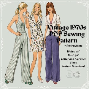 Op de afbeelding: Een digitale naaipatroonillustratie met drie outfits: een groen-wit gestreepte jumpsuit, een jurk met bloemenprint en blazer, en een wit jasje met korte mouwen en een paarse broek. Tekst: Vintage 1970s PDF Sewing Pattern + Instructions, Waist: 28", Bust: 36", Letter and A4 Paper Sizes, Instant Download.