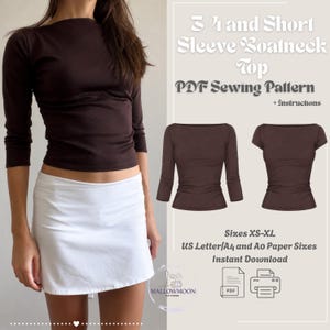Op de afbeelding: Een donkerbruine top met boothals, driekwartmouwen en een versie met korte mouwen. De tekst luidt 3/4 and Short Sleeve Boatneck Top PDF Sewing Pattern + Instructions, Sizes XS-XL, US Letter/A4 and A0 Paper Sizes, Instant Download.
