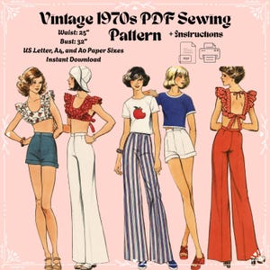 Vintage 70s Pinafore Top, Flared Trousers, T-Shirt, High Waisted Shorts PDF Sewing Pattern (Digital Download)
