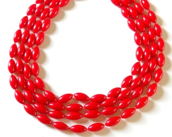 Vintage Red Plastic Bead Necklace Mid Century Multi Strand Necklace