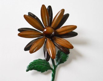 Vintage Enamel Brooch Metal Brown Daisy Pin