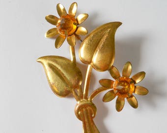 Vintage Tin Brooch Gold Color with Amber Floral Pin