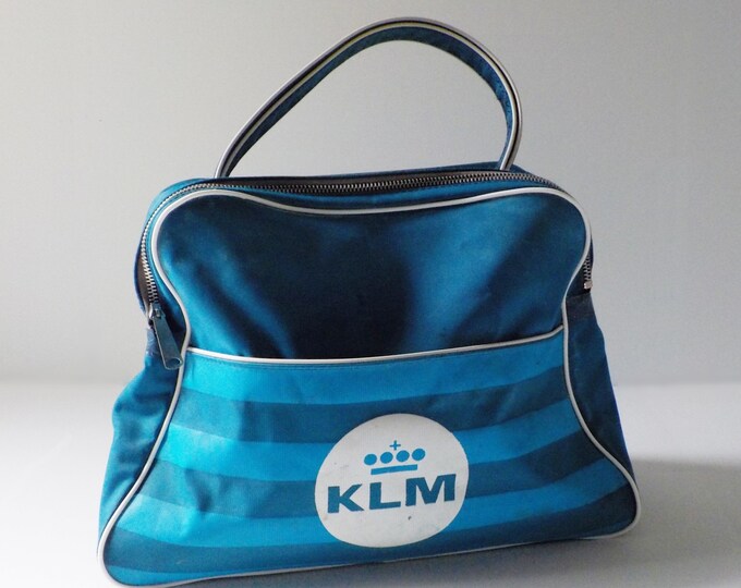 Vintage KLM Carry on Tote Airline Bag Shoulder Strap Blue and White
