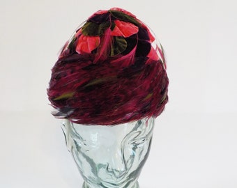 Vintage Christine Original Fabulous Velvet and Feather Ladies Hat Plum Burgundy Pink Green