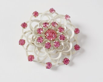 Vintage Enameled and Rhinestone Round Brooch White and Pink Brooch