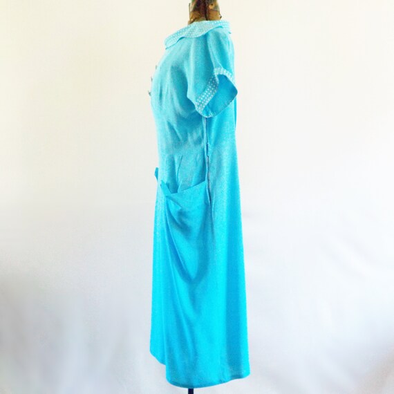 Vintage Blue Day Dress Large Polka Dot Trim - image 5