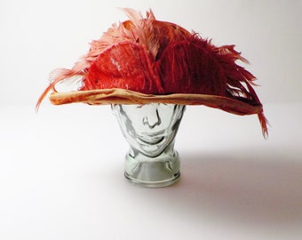 Vintage Edwardian Ladies Hat Red Velvet with Feathers