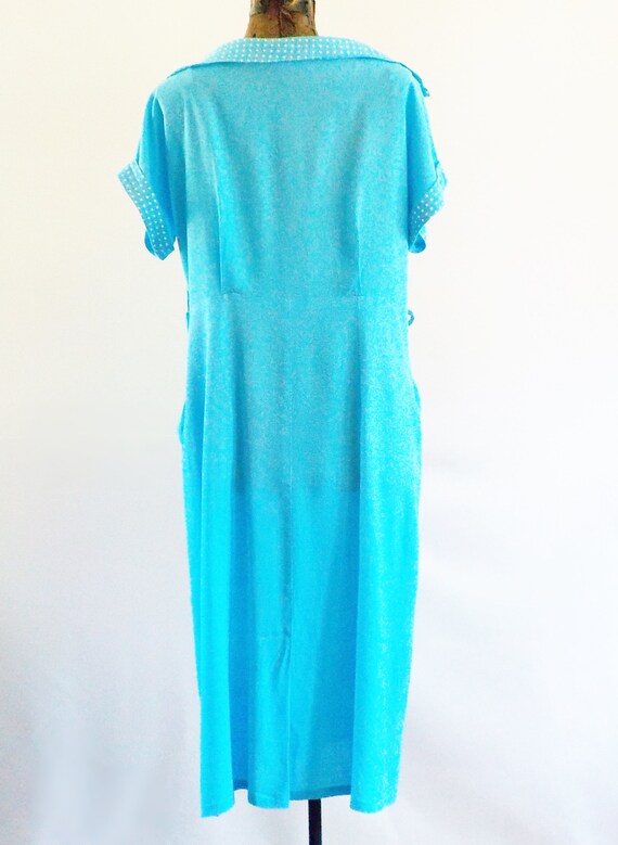 Vintage Blue Day Dress Large Polka Dot Trim - image 6