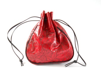 Vintage Drawstring Purse Tooled Red Vinyl Pouch