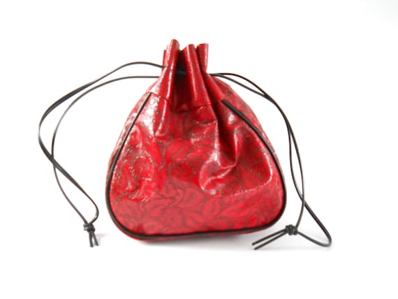 Vintage Drawstring Purse Tooled Red Vinyl Pouch - image 1