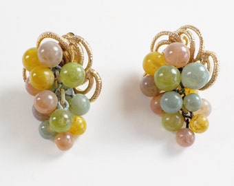 Vintage Grape Cluster Clip On Earrings Colorful Glass Pastel and Gold