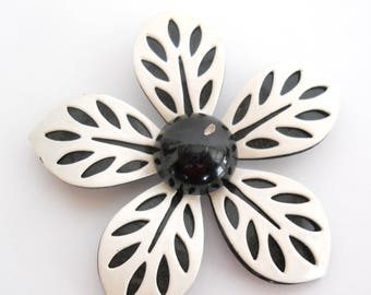 Vintage Enamelware Brooch Modern Flower Pin Black and White