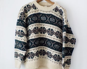 Vintage Handmade in Nepal 100% Wool Knit Sweater Unisex Brown Green Ivory