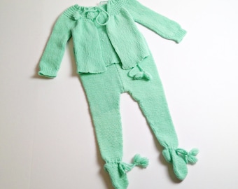 Vintage Baby Handknit Sweater Cardigan and Leggings