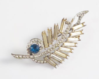 Vintage Rhinestone Blue Clear Silver Color Leaf Pin Mid Century Brooch