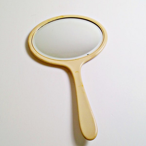 Vintage Hand Mirror Beveled Glass Oval Ivory Color Celluloid Handheld Vanity Mirror