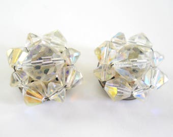 Vintage Crystal Cut Clip On Earrings Germany Opalescent