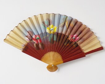 Vintage Hand Painted Wood and Linen Fan