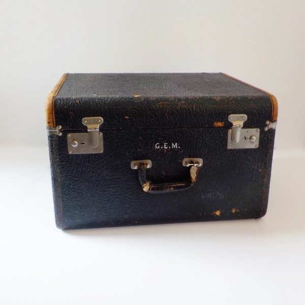 Antique S & S Trunk Co Square Suitcase Black Cowhide Leather Suitcase