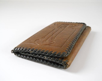 Vintage Leather Trifold Wallet Deco Tooled Leather Billfold