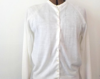 Vintage White Cardigan Sweater Acrylic Made in Republic of Korea Sweater