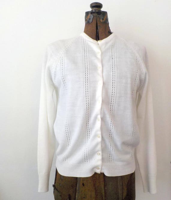 Vintage White Cardigan Sweater Acrylic Made in Rep