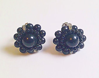 Mid Century Vintage Black Balls with Rhinestones Clip On Earrings Made in Japan